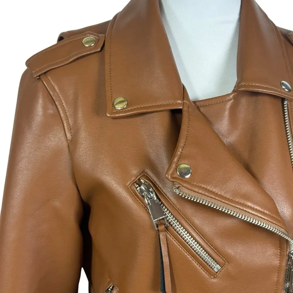 Rebecca Minkoff Women’s Brown Jeff Moto Vegan Leather Jacket Medium